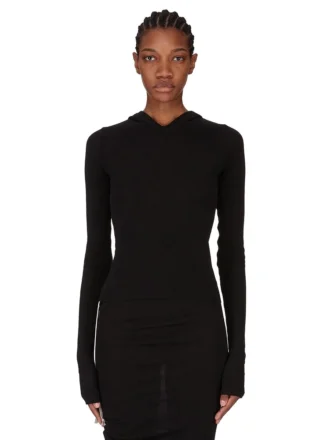 RICK OWENS FW25 CONCORDIANS CHAQUETA DE MANGA CORTA CON CAPUCHA Y ACANALADO EN JERSEY NEGRO RAININO. RP02E4210RJR-09