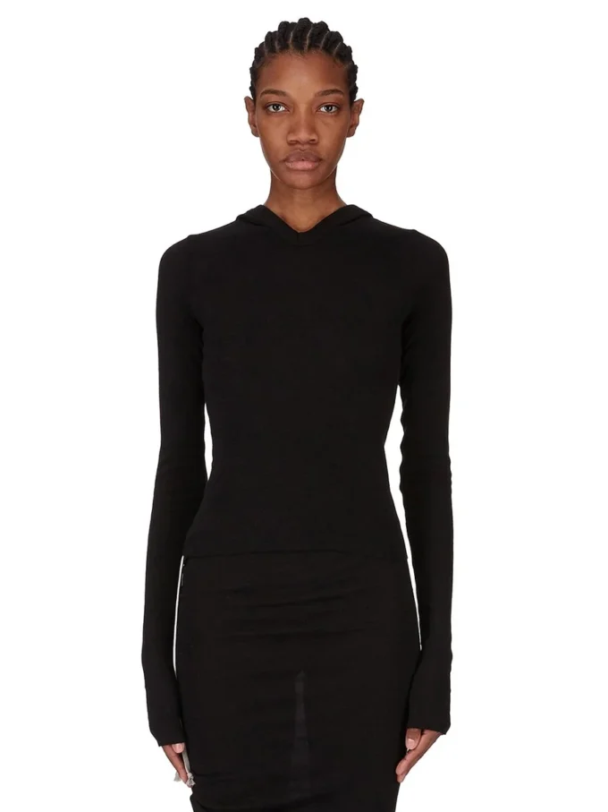 RICK OWENS FW25 CONCORDIANS CHAQUETA DE MANGA CORTA CON CAPUCHA Y ACANALADO EN JERSEY NEGRO RAININO. RP02E4210RJR-09 RICK OWENS FW25 CONCORDIANS CHAQUETA DE MANGA CORTA CON CAPUCHA Y ACANALADO EN JERSEY NEGRO RAININO. RP02E4210RJR-09