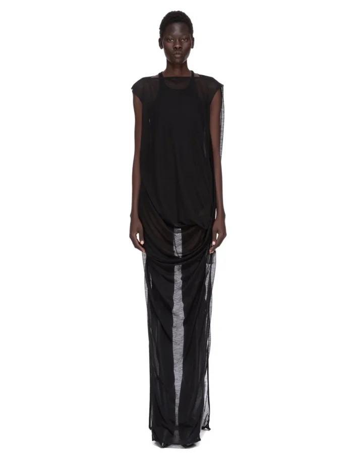 VESTIDO CONCORDIANS NOUVEAU FW25 DE RICK OWENS EN JERSEY DE LANA TRANSPARENTE NEGRO. RP02E4574JWR-09 VESTIDO CONCORDIANS NOUVEAU FW25 DE RICK OWENS EN JERSEY DE LANA TRANSPARENTE NEGRO. RP02E4574JWR-09