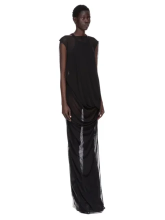VESTIDO CONCORDIANS NOUVEAU FW25 DE RICK OWENS EN JERSEY DE LANA TRANSPARENTE NEGRO. RP02E4574JWR-09