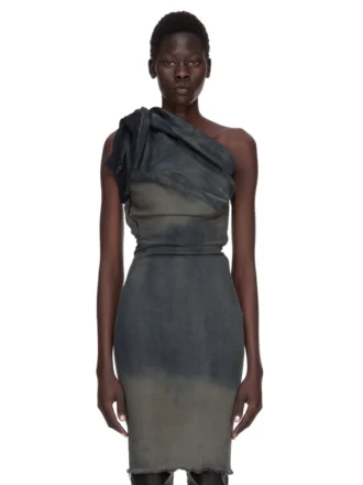 VESTIDO CONCORDIANS TWIST DE RICK OWENS FW25 EN DENIM ELÁSTICO CON FLECOS DEGRADADO DRKDUST. RP02E4521SDKDEG-78D