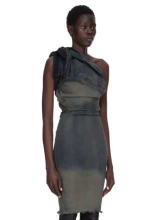 VESTIDO CONCORDIANS TWIST DE RICK OWENS FW25 EN DENIM ELÁSTICO CON FLECOS DEGRADADO DRKDUST. RP02E4521SDKDEG-78D