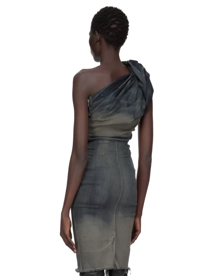 VESTIDO CONCORDIANS TWIST DE RICK OWENS FW25 EN DENIM ELÁSTICO CON FLECOS DEGRADADO DRKDUST. RP02E4521SDKDEG-78D VESTIDO CONCORDIANS TWIST DE RICK OWENS FW25 EN DENIM ELÁSTICO CON FLECOS DEGRADADO DRKDUST. RP02E4521SDKDEG-78D